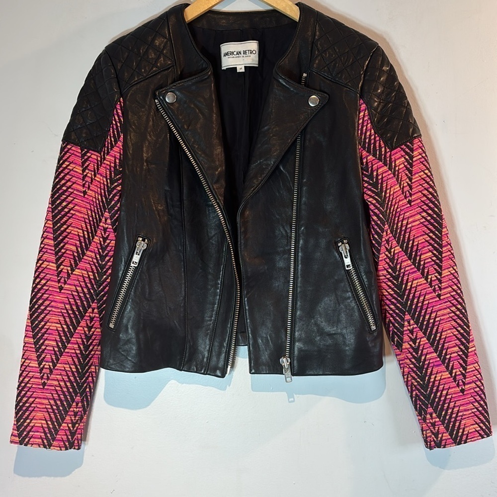 AMERICAN RETRO Kilie Black & pink leather moto jacket size small (EU36)